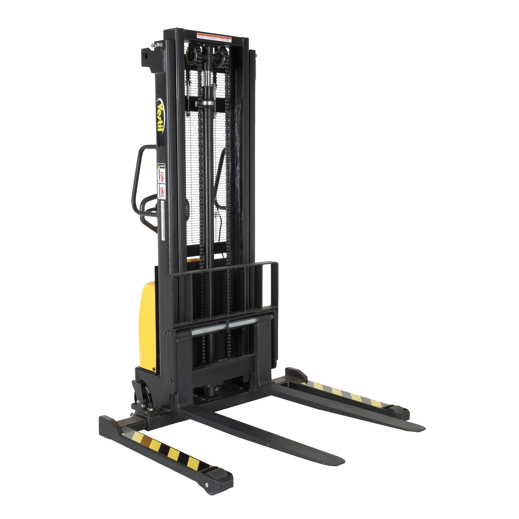 Vestil Steel/Plastic Hand Pump DC Powered Stacker with Adjustable Forks and Legs 118 In. Raised Height 2,000 Lb. Capacity Black / Yellow